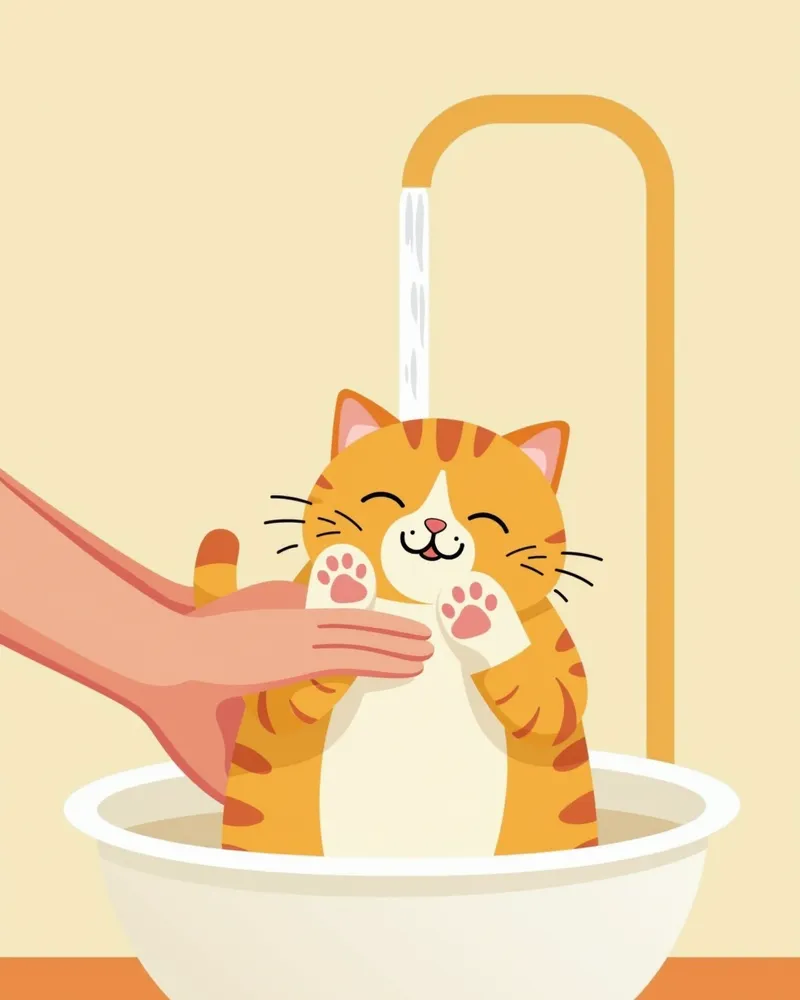 보호자가 고양이 발을 조심스럽게 씻겨주는 모습