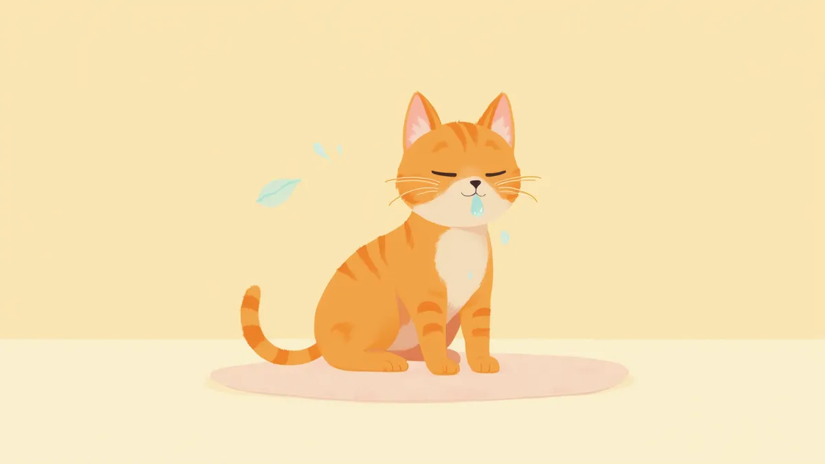 실내에서 담요 위에 앉아 재채기하는 고양이