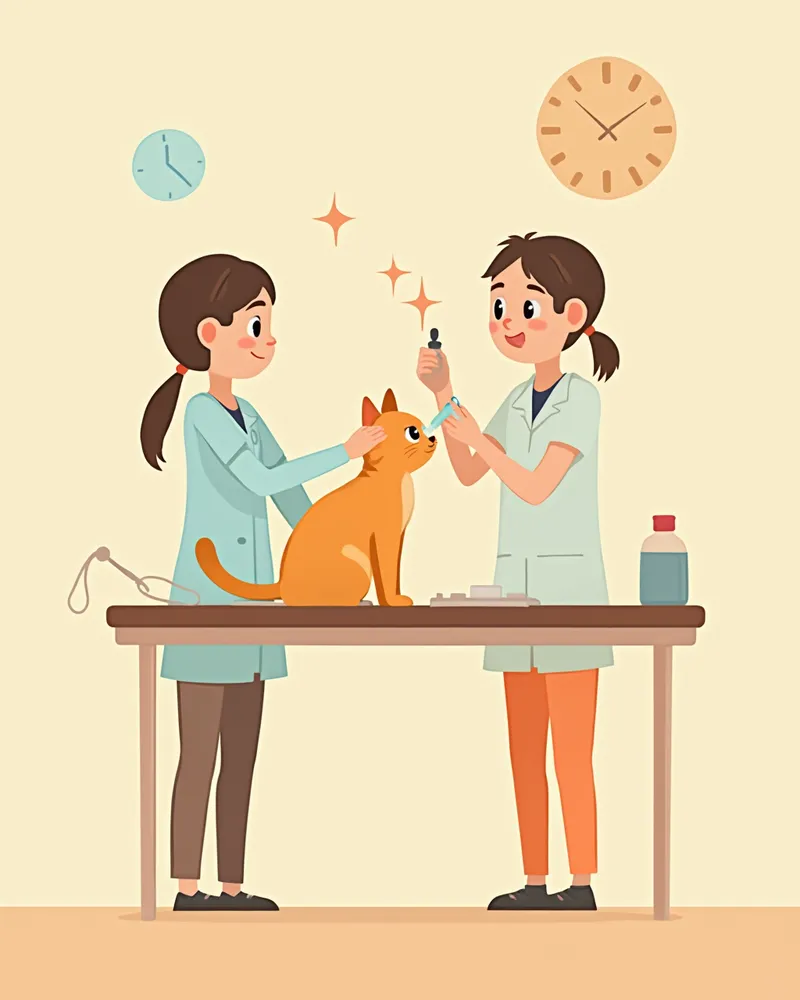 수의사가 고양이에게 안약을 넣어주는 모습