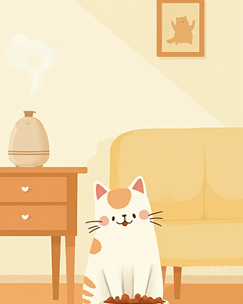 따뜻한 집에서 깨끗한 그릇으로 밥을 먹는 건강한 고양이