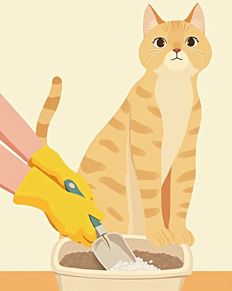 장갑을 끼고 고양이 화장실을 청소하는 보호자