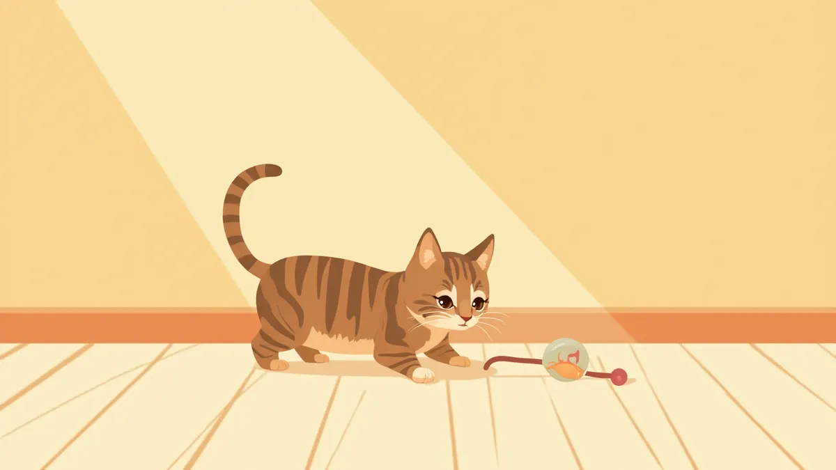 장난감을 노리며 낮게 웅크린 사냥 자세의 고양이