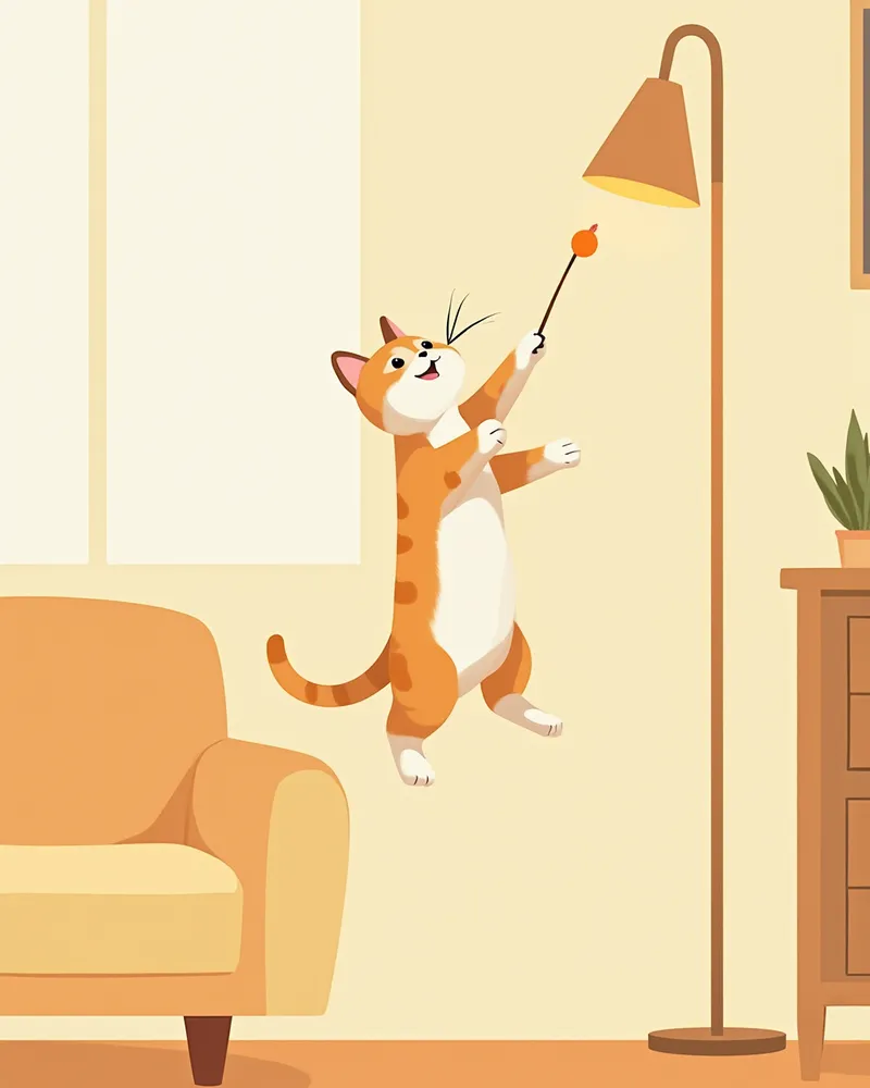 깃털 장난감을 향해 점프하는 실내 고양이