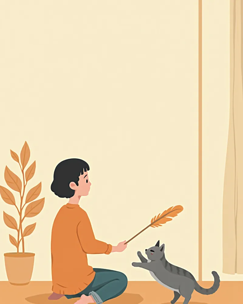 저녁 시간에 낚싯대 장난감으로 고양이와 노는 보호자