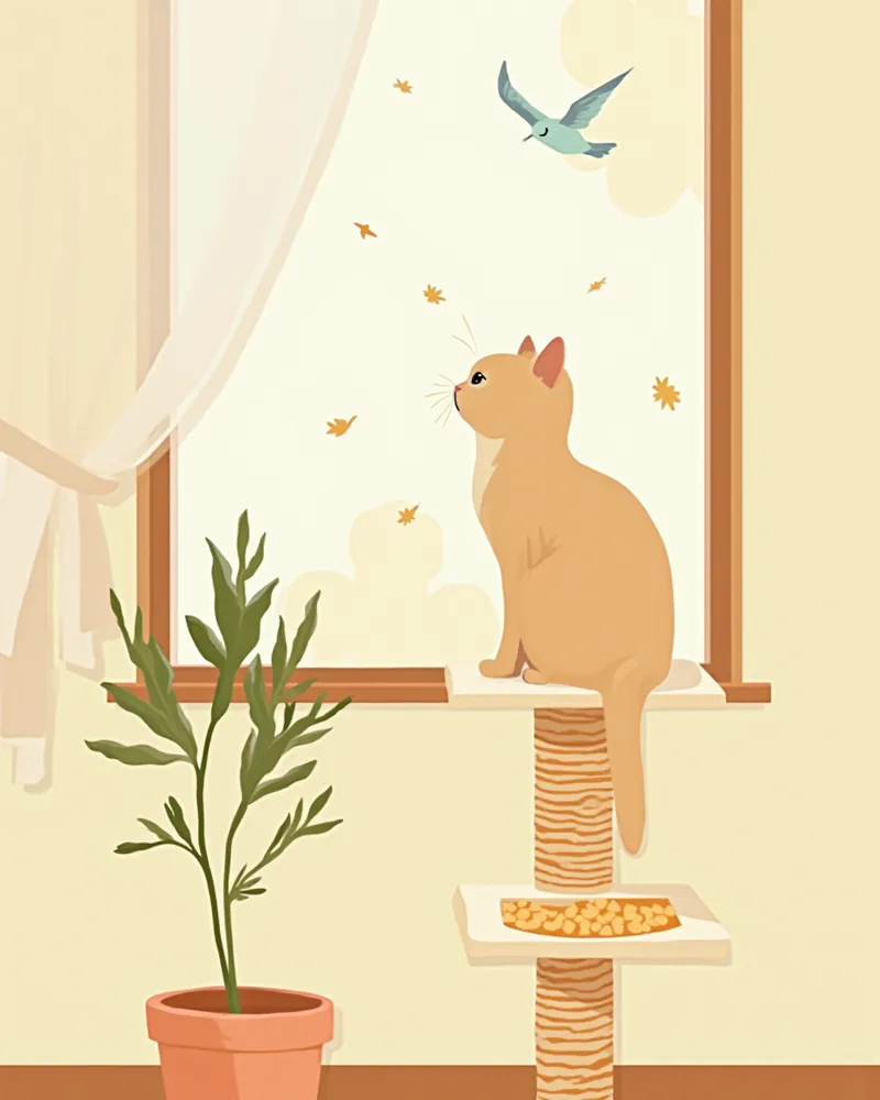 창가 캣타워에서 바깥을 관찰하는 고양이와 바닥의 퍼즐 피더