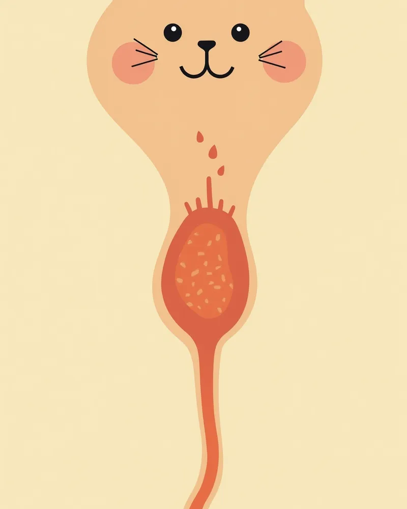 고양이 요관에 결석이 막혀 있는 모습, 그 위쪽이 부풀어 있음
