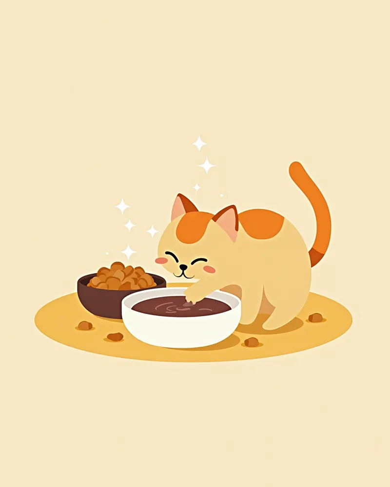 고양이가 물 분수에서 물을 마시는 모습, 건식 사료 옆에 있음