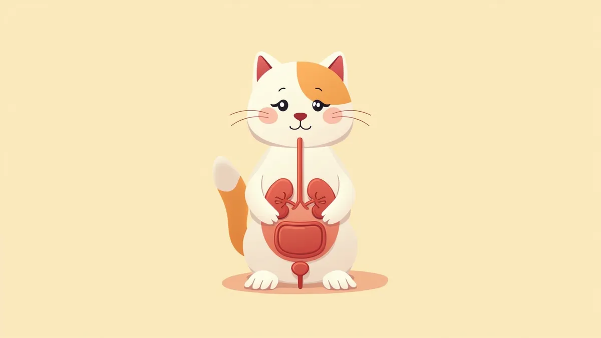 고양이의 소변관과 신장 구조를 보여주는 해부학적 다이어그램, 한쪽 신장이 부어 있는 상태