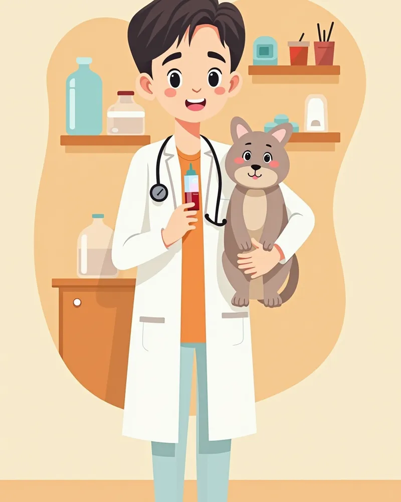 수의사가 고양이 혈액 샘플을 채취하는 모습, 실험실 장비 배경