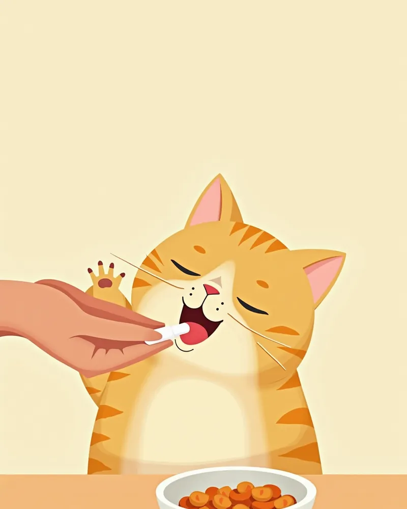 고양이가 수의사가 준 인 결합제를 먹는 모습, 처방 사료 옆에 있음