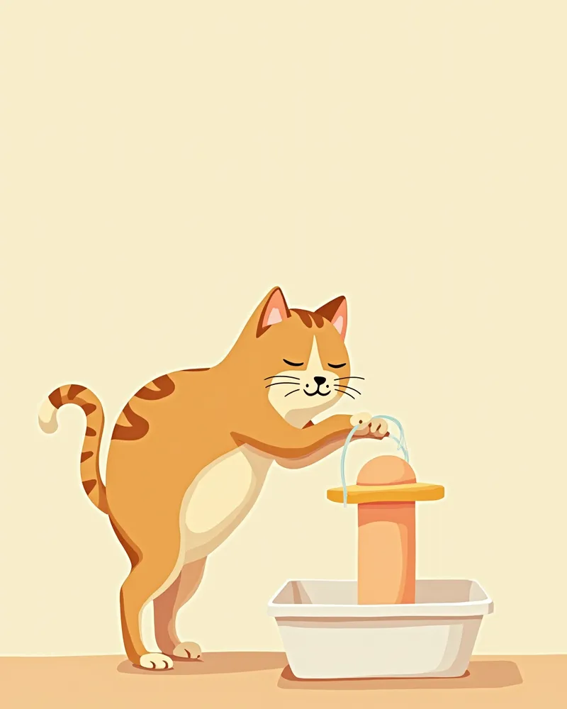 물 분무기에서 마시는 고양이, 깨끗한 화장실 옆에 앉아 있는 모습