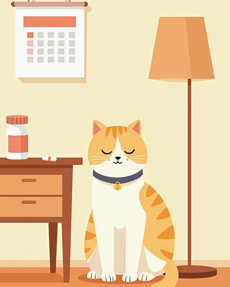 조용한 방에 앉아 있는 고양이, 벽에 수의사 방문 일정이 적힌 캘린더와 약 병이 있음