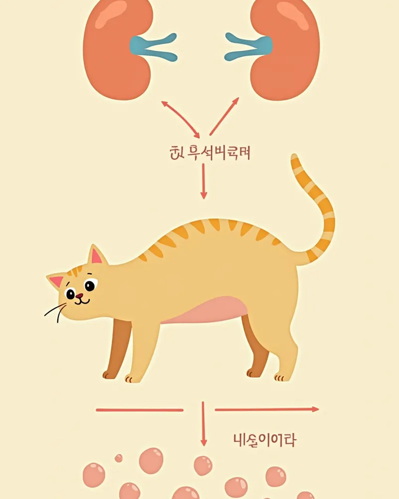 고양이에서 신장질환과 갑상선 기능 항진증이 고혈압을 유발하는 메커니즘을 설명하는 일러스트