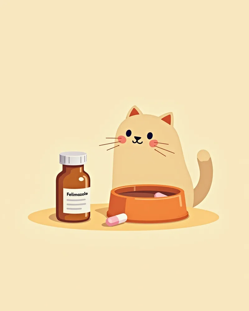 메티마졸 약병이 고양이 사료 그릇 옆에 놓인 이미지