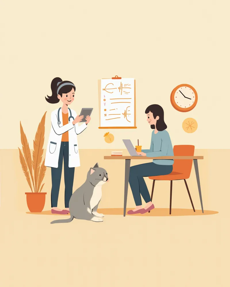 동물병원 진료실에서 보호자에게 치료 방법을 설명하는 수의사