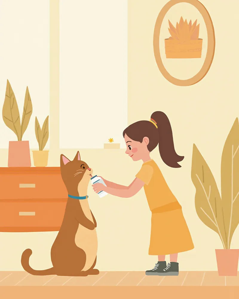 집에서 보호자가 고양이에게 약을 먹이고 있는 모습