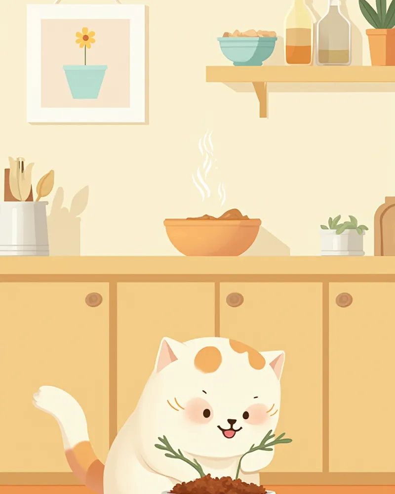 조용한 주방에서 처방 사료를 먹고 있는 건강한 노령 고양이