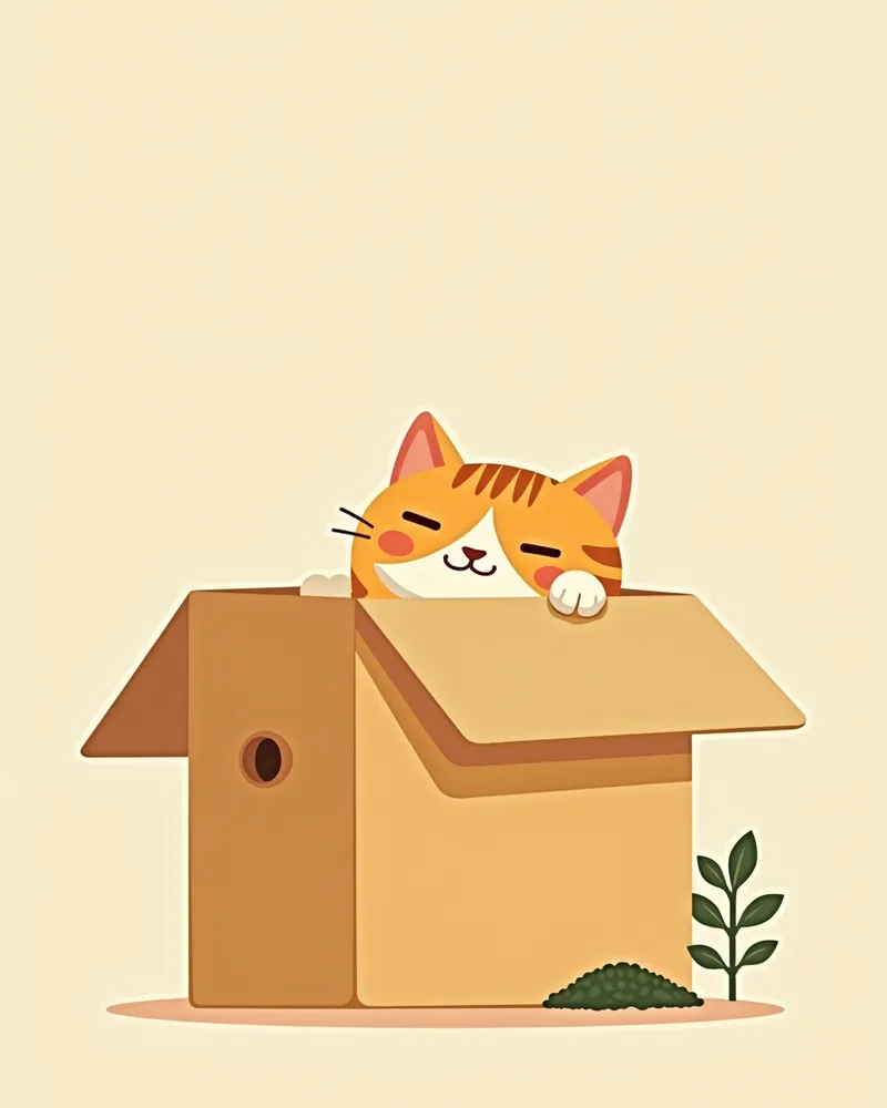 상자 안에 숨어 있는 고양이, 귀여운 표정으로 주변을 살피고 있음