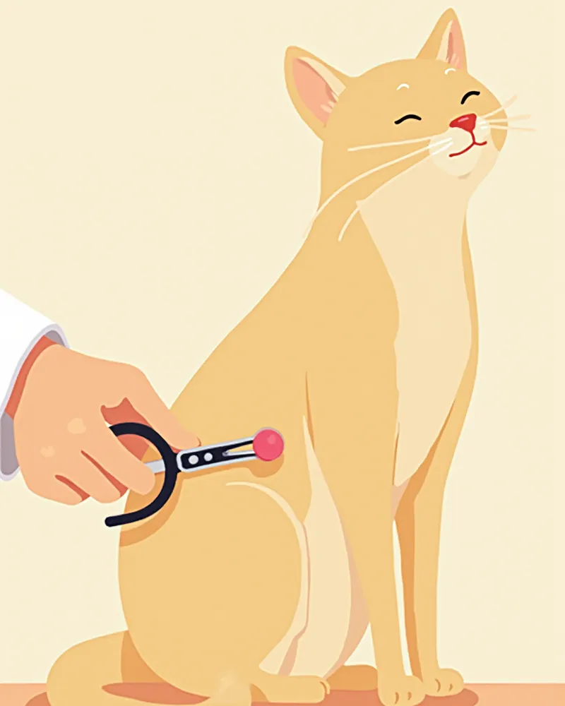 수의사가 고양이 뒷다리의 작은 혹을 캘리퍼스로 측정하는 모습