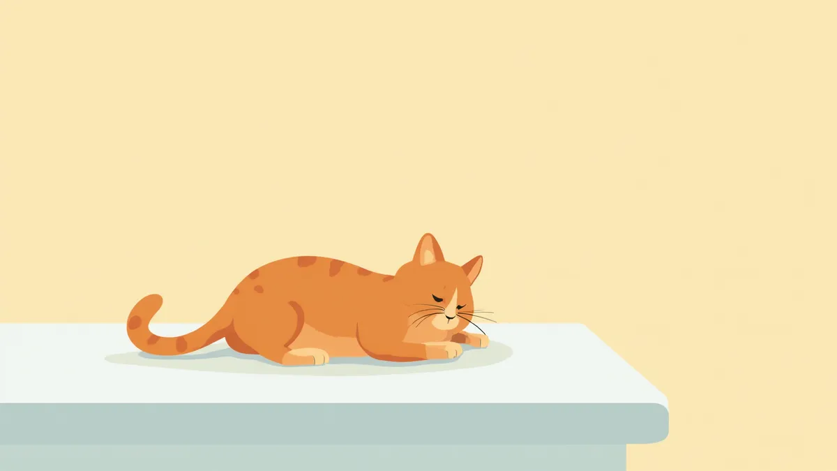 동물병원 진찰대 위에 기운 없이 누워 있는 고양이