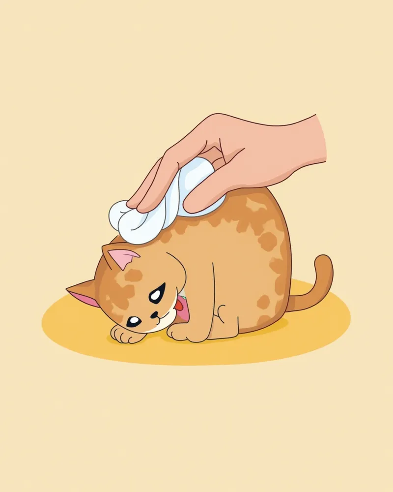 보호자가 고양이 눈 주변을 부드럽게 닦는 모습