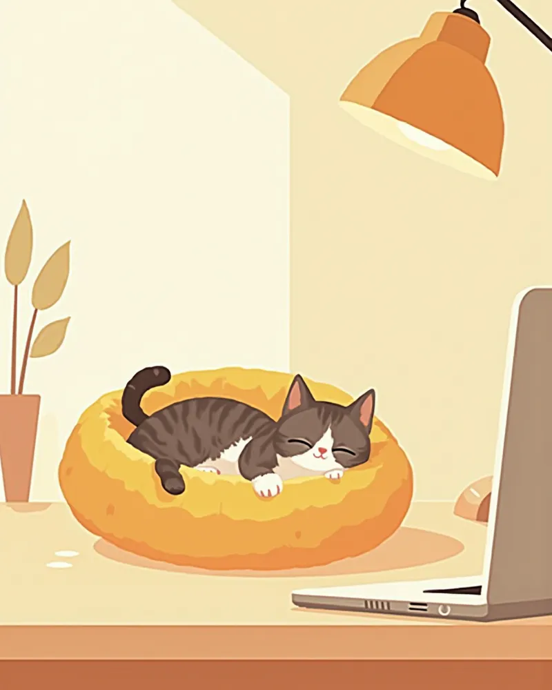 노트북 옆 방석에 편안히 쉬는 고양이