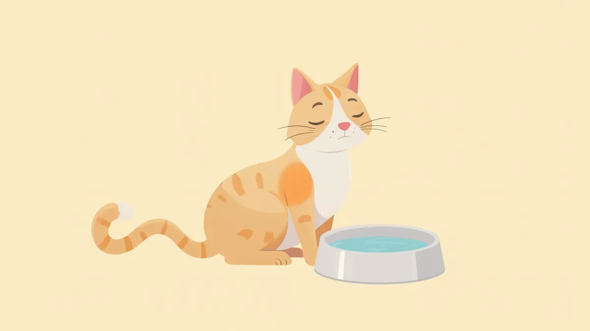 물그릇 옆에 앉아 있는 고양이와 신장 건강 일러스트