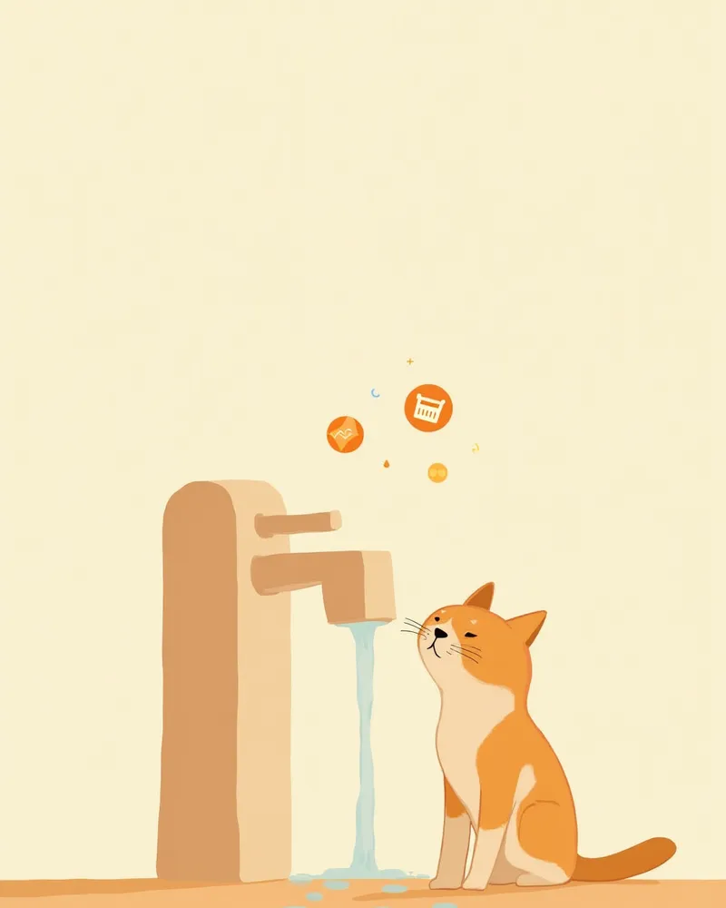 물을 마시는 고양이와 신장병 증상 아이콘 일러스트