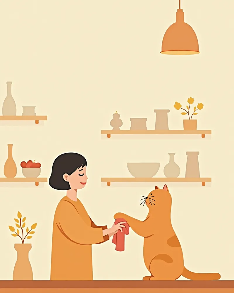 보호자가 고양이 발바닥을 따뜻한 물로 닦아주는 모습