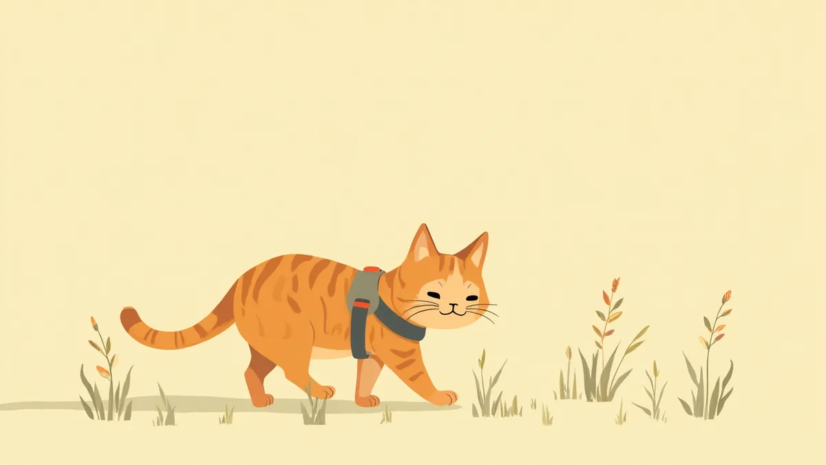 하네스를 착용하고 잔디를 탐색하는 고양이