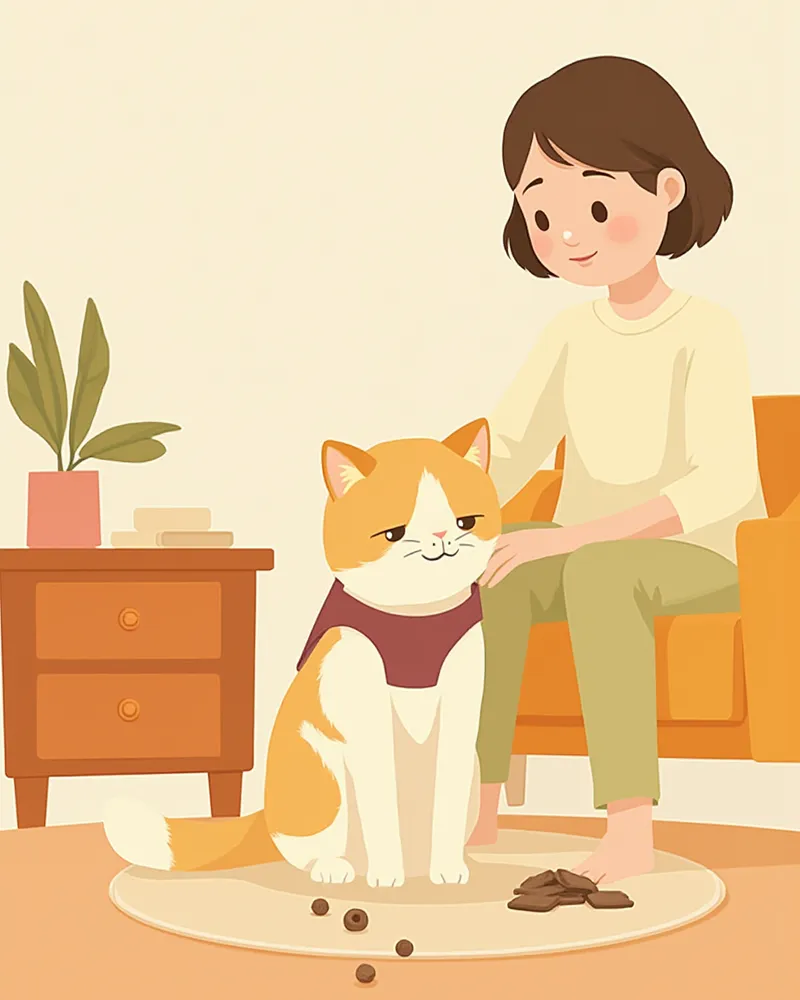 실내에서 보호자가 고양이에게 조끼형 하네스를 입히는 모습