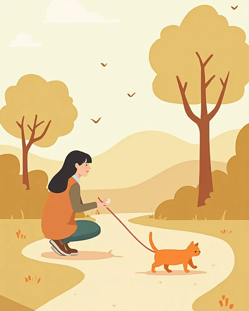 조용한 산책로에서 리드줄을 착용하고 탐색 중인 고양이