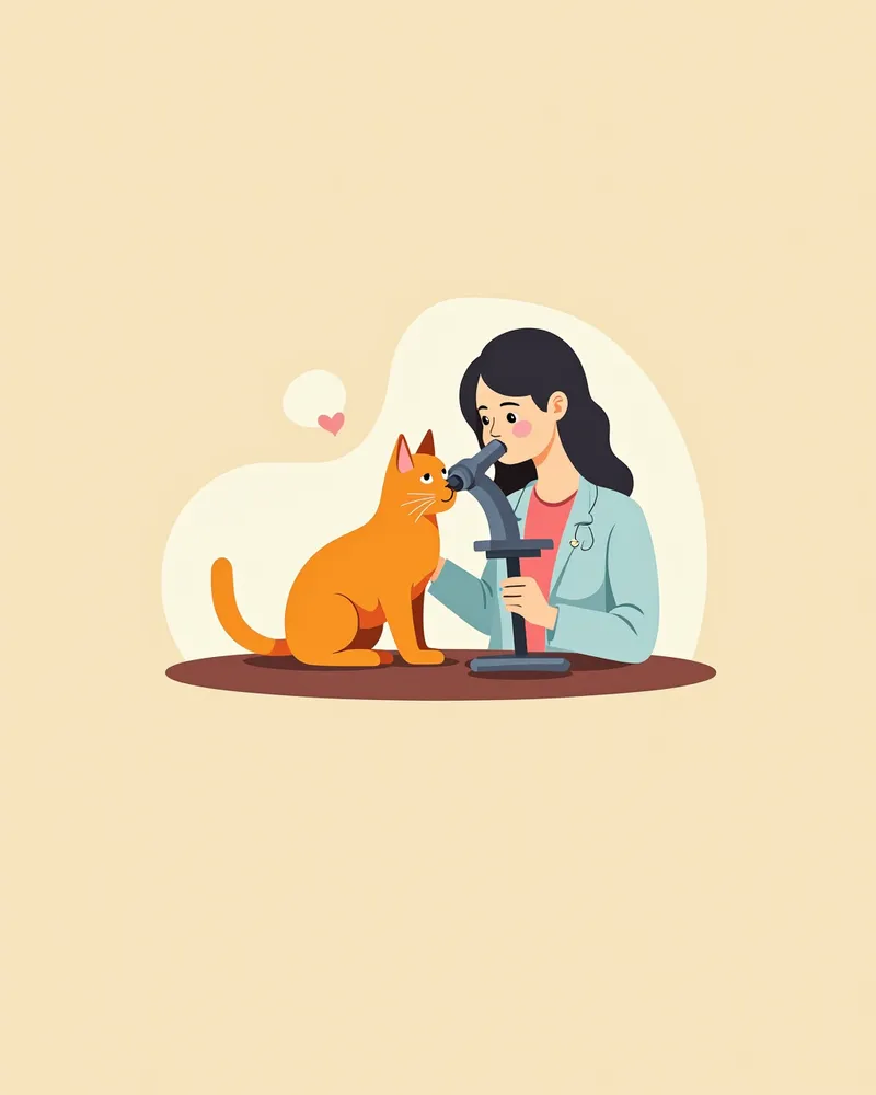 수의사가 고양이 털을 현미경으로 검사하는 모습