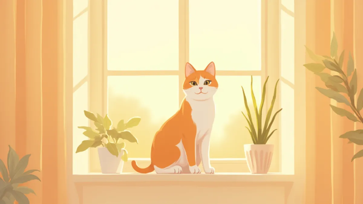 햇살 가득한 창가에 앉아 있는 건강한 고양이