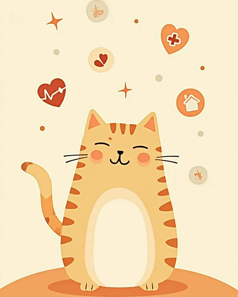 건강 관리 요소 아이콘에 둘러싸인 고양이 일러스트