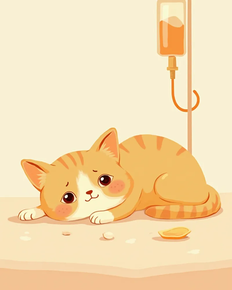 수액을 맞으며 누워있는 무기력한 고양이