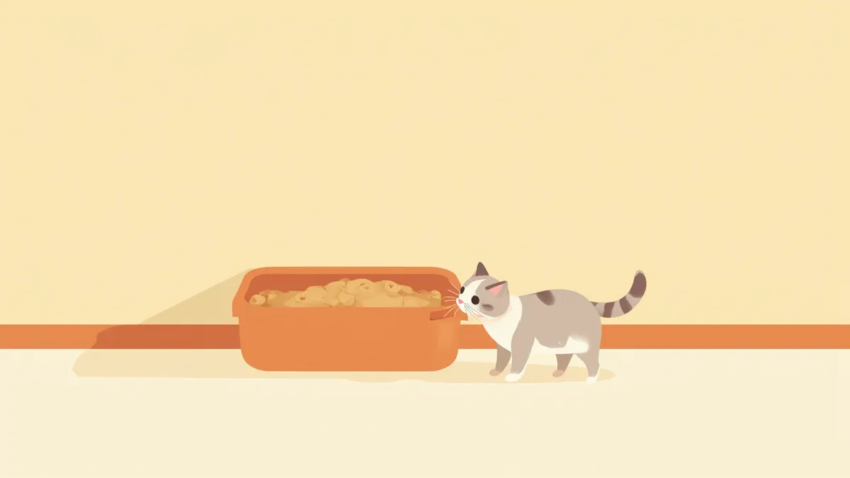 조용한 공간에 놓인 넓은 고양이 화장실과 냄새를 맡는 고양이