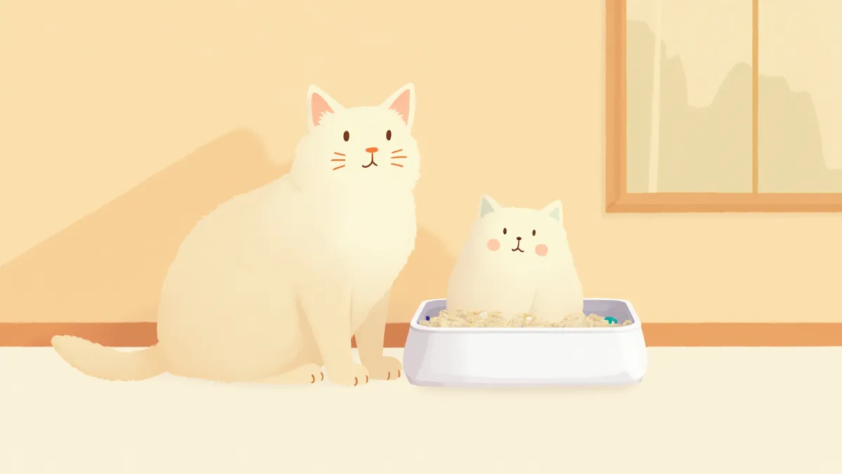 비뇨 케어 모래가 깔린 화장실 옆에 앉아 있는 고양이