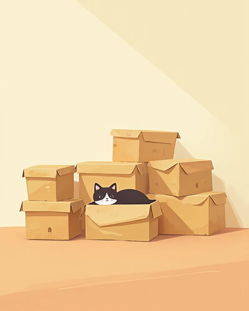 조용한 거실 구석에 배치된 고양이용 박스