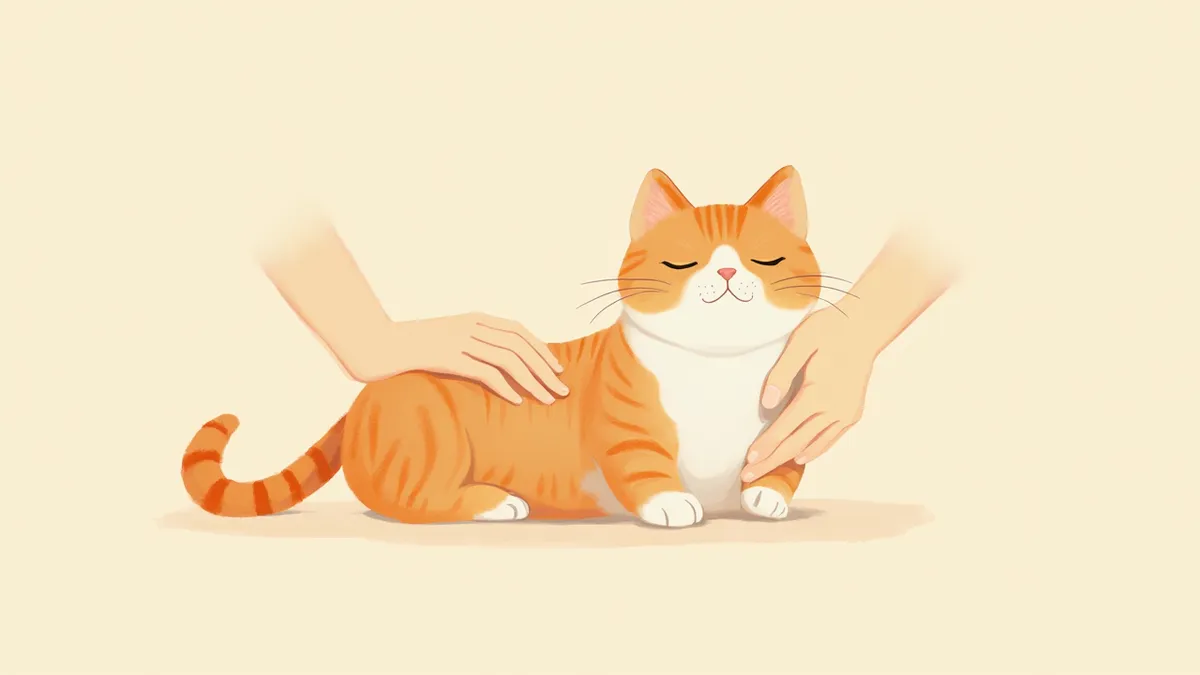 수의사가 고양이 복부를 부드럽게 촉진하며 검진하는 일러스트