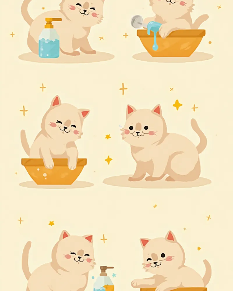 고양이 약욕 5단계를 보여주는 파스텔톤 일러스트