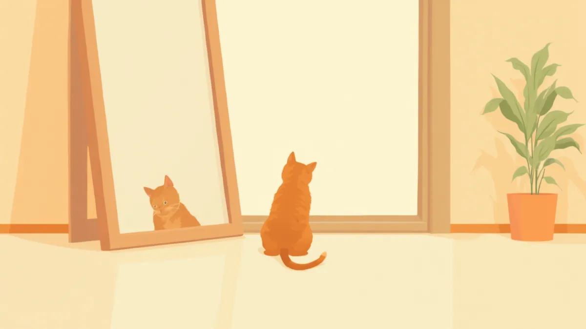 거울 앞에서 자기 모습을 바라보는 턱시도 고양이