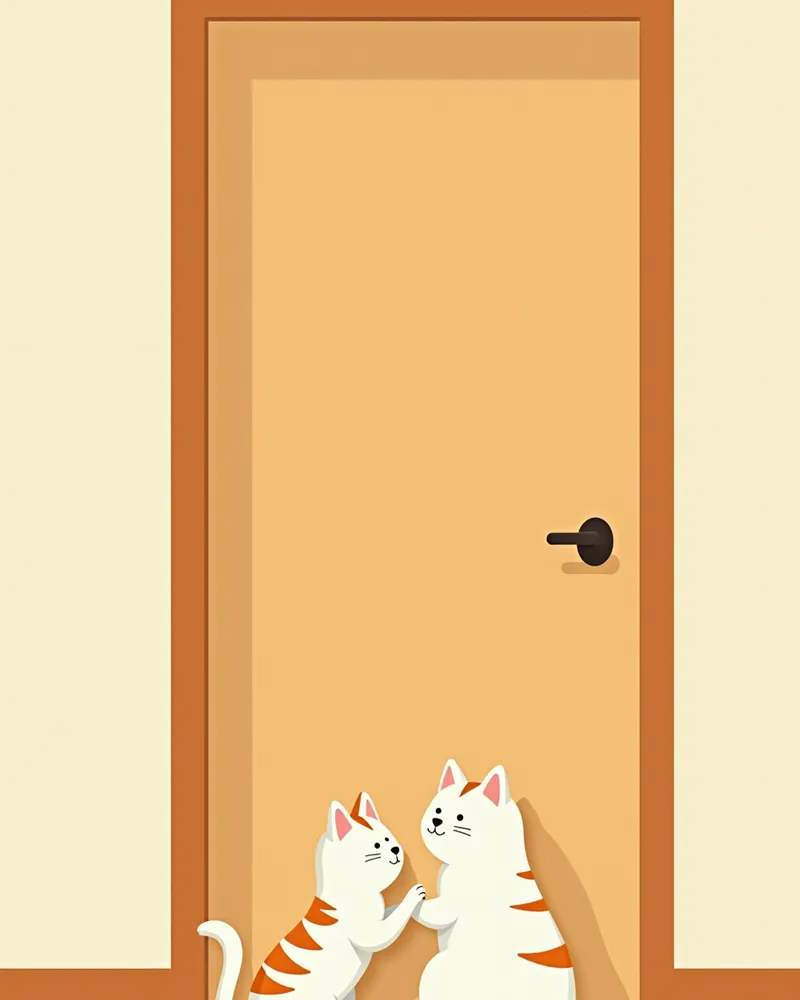 문 아래 틈을 통해 냄새를 맡는 두 고양이, 단계별 합사 과정