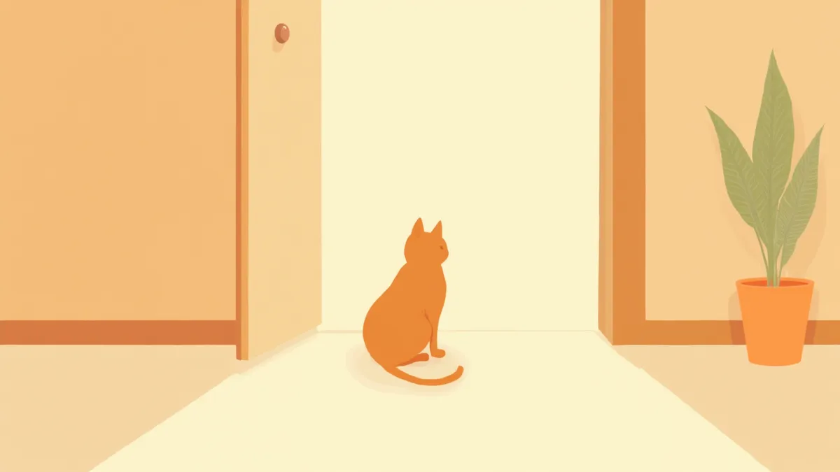 햇빛이 드는 방에서 닫힌 문 쪽을 호기심 있게 바라보는 고양이