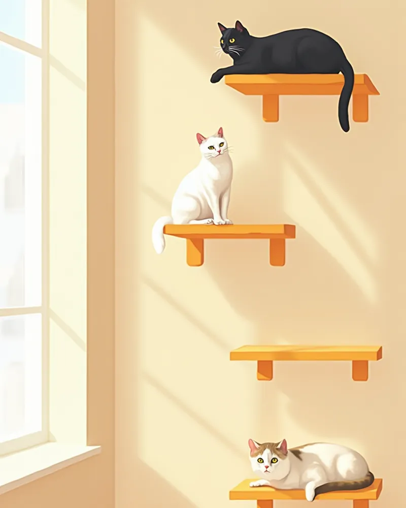 벽 선반과 캣타워의 서로 다른 높이에서 쉬는 두 마리 고양이