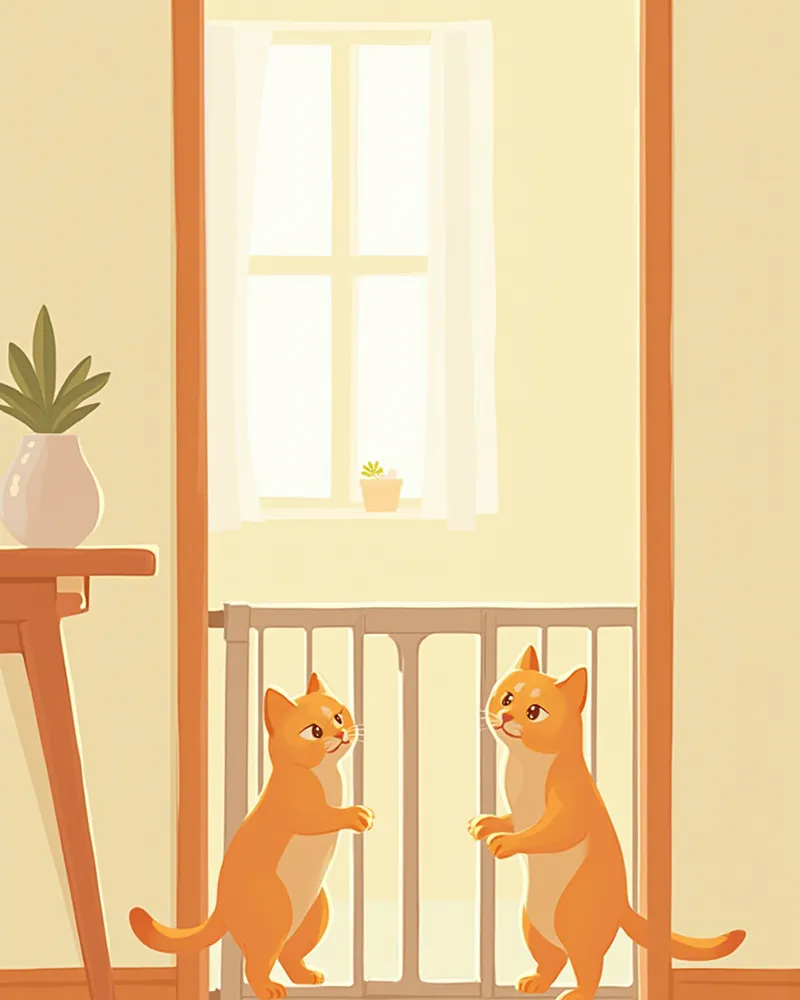 안전문 너머로 서로를 관찰하는 두 마리 고양이