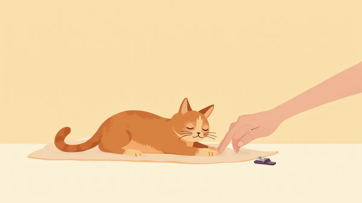 편안하게 발을 맡긴 고양이와 보호자의 손