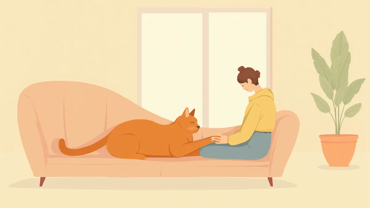 보호자 무릎 위에서 편안하게 앞발을 내밀고 있는 고양이