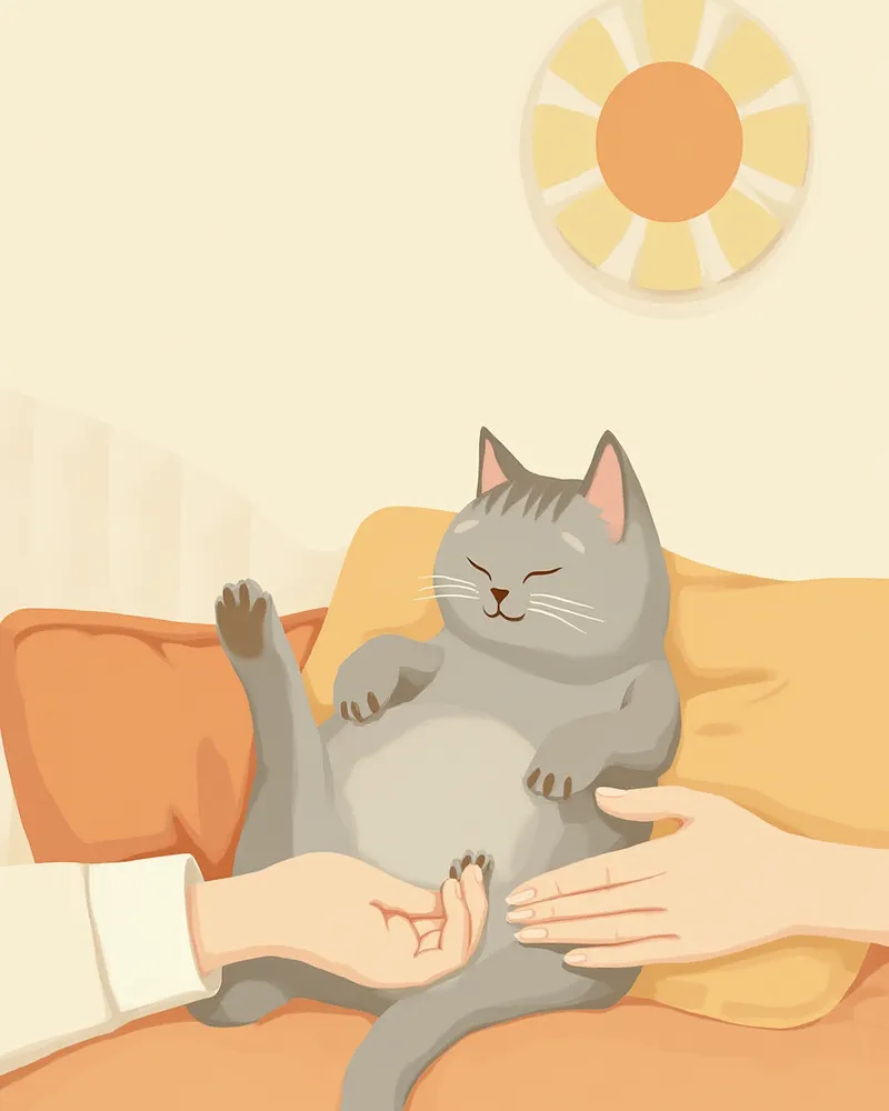 보호자가 노령묘의 뒷발 발톱 상태를 조심스럽게 확인하는 모습