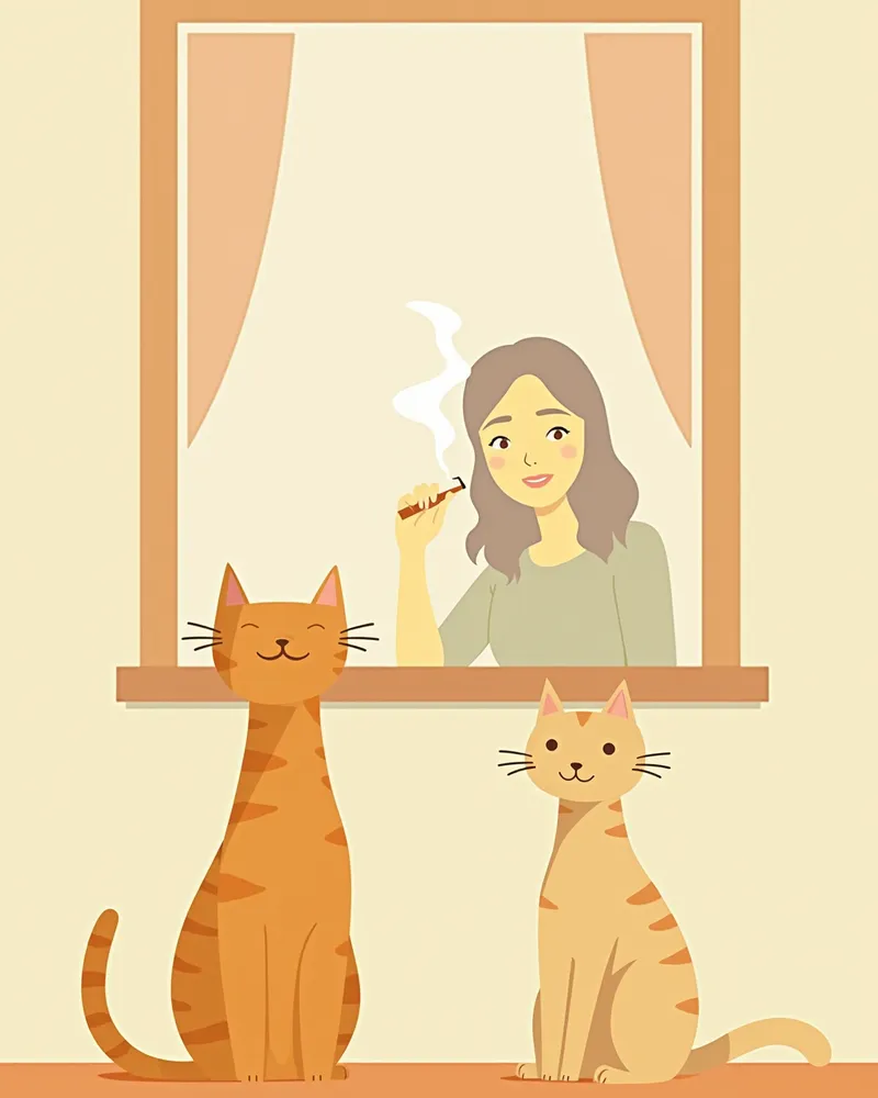 흡연하는 사람과 함께 있는 고양이의 모습
